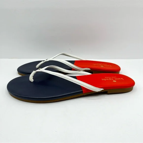 Kate Spade Women’s Size 9 Cabana Leather Orange/ Navy Blue Thong Sandals - Picture 6 of 16